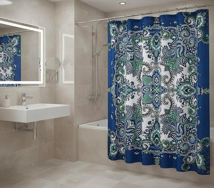 Boho Shower Curtain, Navy Teal White Mandala Floral Design, Fabric, 72 x 72 inches, Stain-Resistant, Paisley Pattern, with Hooks