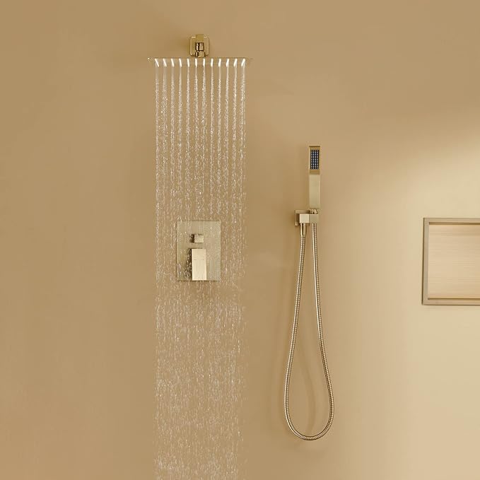 Rain Shower System 12 Inches Shower Combo Set Brushed Gold Wall Mount Faucet Bathroom Faucets with Rainfall Shower Head and Hand Shower