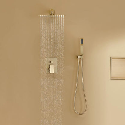 Rain Shower System 12 Inches Shower Combo Set Brushed Gold Wall Mount Faucet Bathroom Faucets with Rainfall Shower Head and Hand Shower
