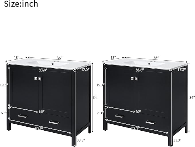 72" Black Bathroom Vanity with Double Sink, 72 Inch Bathroom Vanity Set with Double Vanities (Separate), 2 Bathroom Vanities with Sink, Storage Shelf, and Divided Drawers (Mirror not included)