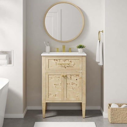Modway Elysian 24" Wood Bathroom Vanity in White Burl with Ceramic Sink Basin