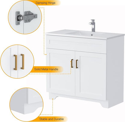 Bathroom Vanity, 36 Inch Bathroom Vanity with Sink, Freestanding Vanity with Sink and 2 Soft Closing Doors, Modern Bathroom Sink Cabinet (Paint, White, 36")