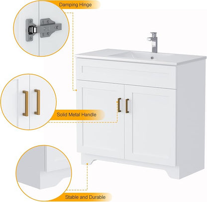 36 Inch Bathroom Vanity, Wooden Double Door Bathroom Storage Cabinet, Freestanding Cabinet Vanity Without Sink (White Without Sink, 36")