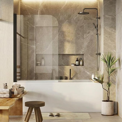 Bathtub Shower Door, Frameless 32" x 55" with 1/4" (6mm) Clear Tempered Glass Panel, Matte Black Tub Enclosure, Modern Design for Bathroom