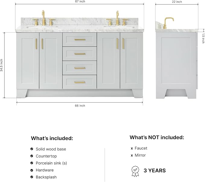 Emilia 66-Inch Grey Double Bathroom Vanity, 1.5-Inch Edge Italian Carrara Marble Countertop & Splash, Rectangular Sinks, 4 Soft-Closing Doors, 6 Dovetail Drawers, Toe Kick, Satin Brass