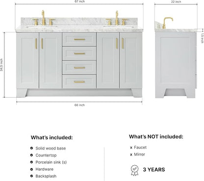 Emilia 66-Inch Grey Double Bathroom Vanity, 1.5-Inch Edge Italian Carrara Marble Countertop & Splash, Rectangular Sinks, 4 Soft-Closing Doors, 6 Dovetail Drawers, Toe Kick, Satin Brass
