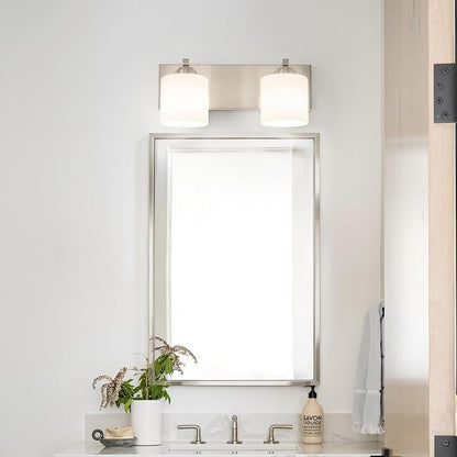 mirrea 2-Light Brushed Nickel Bathroom Vanity Light with White Glass Shades | Over Mirror,Wall Sconce,ETL listed,Bathroom Lighting Fixtures,Elegant Design,Milk White Glass Shade,Easy Installation