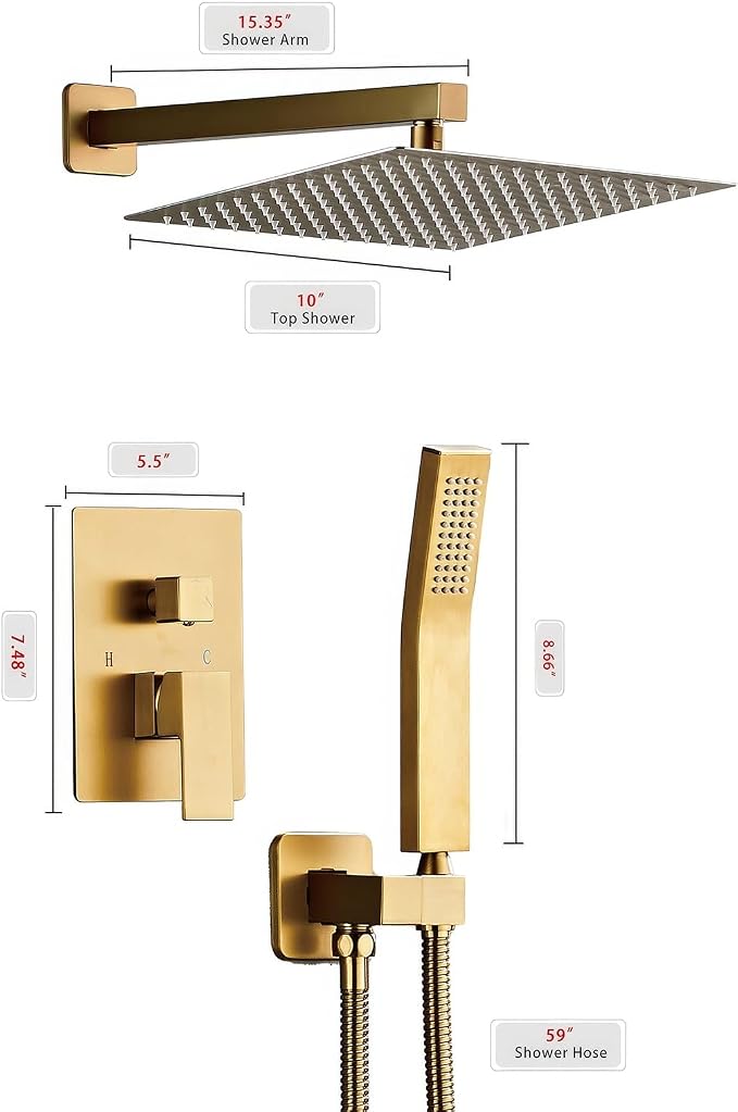 SaniteModar Shower Faucet Set 10 Inch, Brushed Gold Shower System | Rainfall Shower Head with Handheld Combo Spray, High Pressure Shower Combo Set Included Brass Valve and Trim kit