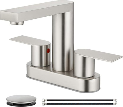 Brushed Nickel Bathroom Sink Faucet,4 Inch Centerset,Two Handle | Lead-Free SUS304 Stainless Steel 2 or 3-Hole Centerset Bathroom Faucet,Pop-Up Drain & cUPC Supply Lines for Vanity Sinks & RV