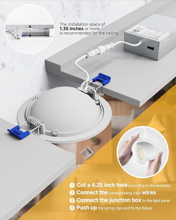 Ensenior 6 Pack 4 inch LED Gimbal Led Recessed Light with Junction Box, 2700K-5000K 5CCT, 360°+90° Adjustable Directional Eyeball Lighting, Dimmable, CRI90+, 900LM, 9W=85W, 120V-ETL&FCC