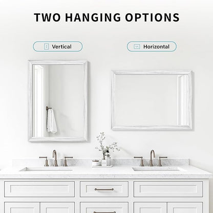 White Wood Effect Framed Wall Mirror, 24x36 Rectangle Mirror, Anti-desilvering Tempered Glass, Sustainable& Sturdy Frame, Anti-Rust, HD Reflection &3min Fast Setup for Bathroom Living Room