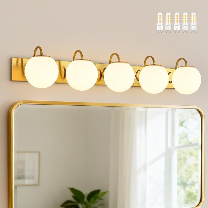 5 Lights Vintage Bathroom Vanity Light Fixtures Over Mirror, Brushed Gold Vanity Lights For Bathroom With Milk White Glass Globe Shade, Wall Lights For Bedroom, Hallway, Dressing Table(G9 Incl.)