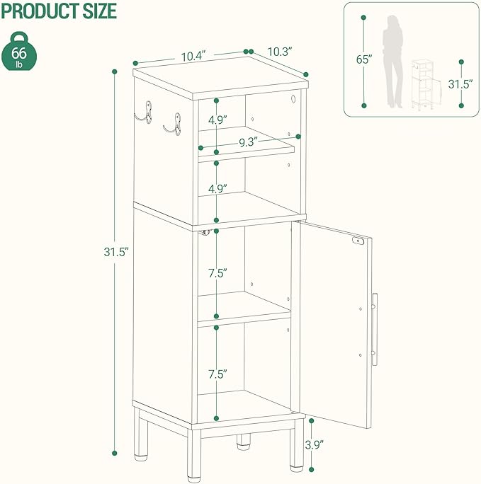 Bathroom Storage Cabinet, Corner Floor Cabinet with Door & Shelves, 2Hooks, Small Narrow Storage Organizer, Toilet Paper Cabinets for Small Space, White SC06313G