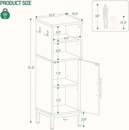 Bathroom Storage Cabinet, Corner Floor Cabinet with Door & Shelves, 2Hooks, Small Narrow Storage Organizer, Toilet Paper Cabinets for Small Space, White SC06313G