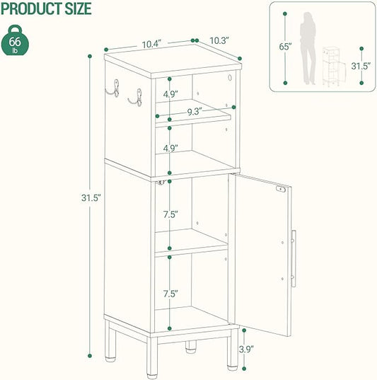Bathroom Storage Cabinet, Corner Floor Cabinet with Door & Shelves, 2Hooks, Small Narrow Storage Organizer, Toilet Paper Cabinets for Small Space, White SC06313G