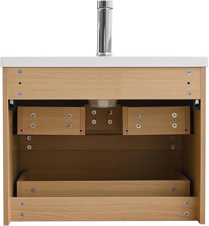 walsport Floating Bathroom Vanity with Sink & Mirror & Faucet & Countertop Set Small Wall Mounted Bathroom Single Sink Cabinet with Double Storage Drawers Modern (Natural)