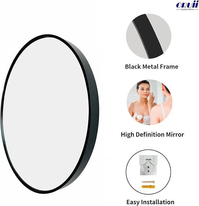 Round Mirror, 26 inch Black Circle Mirror, Matte Black Metal Frame | High Definition,Waterproof,Rust-resistant,Round Mounted Mirrors for Bathroom,Living Room,Bedroom,Hallyway,Vanity,Wall Décor