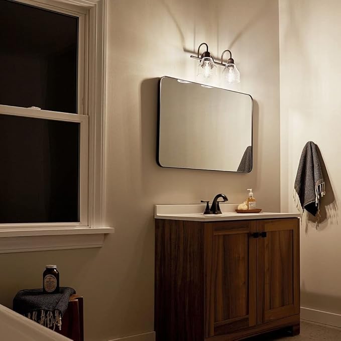 KICHLER Avery 15" Bathroom Vanity Industrial 2 Light Wall Fixture with Clear Seeded Glass in Natural Brass, for Bathroom (8.25" x 15" x 9.5") 45972NBR