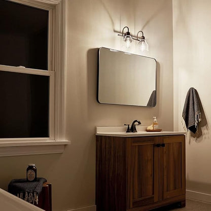 KICHLER Avery 15" Bathroom Vanity Industrial 2 Light Wall Fixture with Clear Seeded Glass in Natural Brass, for Bathroom (8.25" x 15" x 9.5") 45972NBR