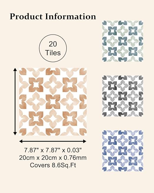 Peel and Stick Floor Tile, Waterproof Vinyl Flooring, Snap-Proof DIY Flooring Tiles for Bathroom, Kitchen, Fireplace, Wall, Backsplash, Stairs, No Residue, 20 Tiles-7.87" Thin Ver, Light Amber
