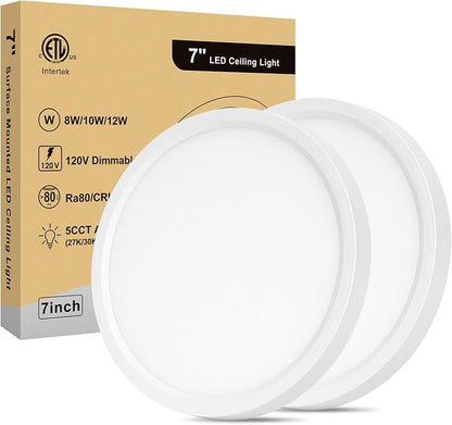LED Flush Mount Ceiling Light - 7 Inch, Dimmable and 5CCT 8W/10W/12W Selectable, 100W Equivalent Incandescent Modern Kitchen Recessed Ceiling Lamp for Closet, Laundry, 7 Inch 2Pack White