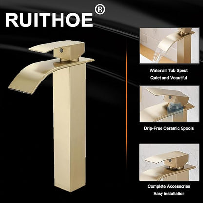 Brushed Gold Bathroom Vessel Sink Faucet, Waterfall Bathroom Faucet, Vessel Faucet, Tall Body High 1 Hole Single Handle with Pop Up Drain Combo Vanity Mixer Tap Commercial Basin Bowl Sink