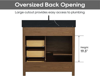36 Inch Farmhouse Bathroom Vanity with Sink, Walnut | Pre Assembled Freestanding Bathroom Sink Cabinet, Sliding Barn Doors & Soft-Closing Drawers, Single Sink, Adjustable Feet