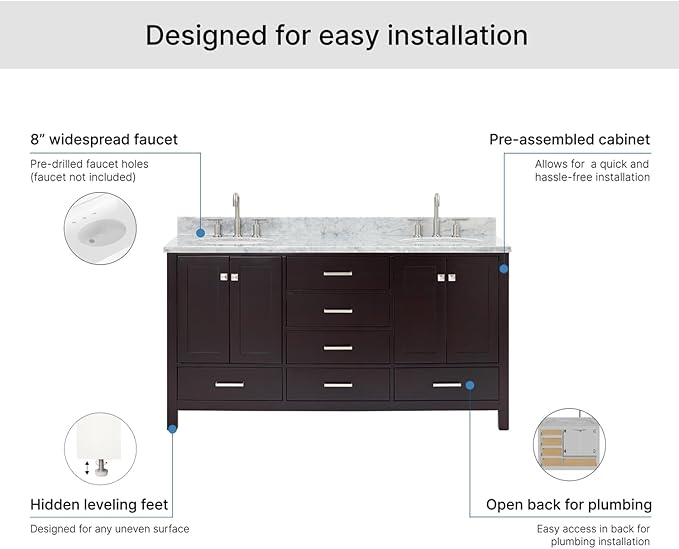 ARIEL Cambridge 66-inch Bathroom Vanity with Sink,Solid Wood, 0.75-inch Italian Carrara Marble Countertop, Double Oval Porcelain Sink, 4 Soft Closing Doors, 6 Dovetail Drawers, Espresso