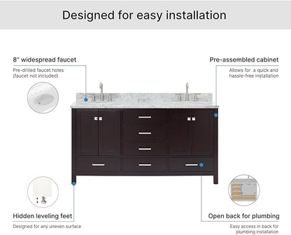 ARIEL Cambridge 66-inch Bathroom Vanity with Sink,Solid Wood, 0.75-inch Italian Carrara Marble Countertop, Double Oval Porcelain Sink, 4 Soft Closing Doors, 6 Dovetail Drawers, Espresso