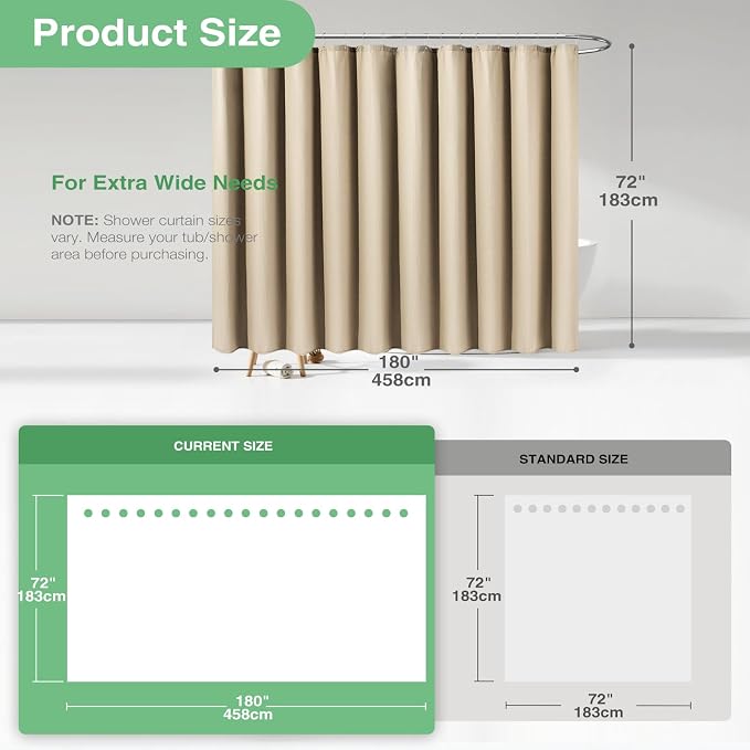 Extra Wide Waffle Shower Curtain 256 GSM Fabric 180x72 Beige/Khaki | 180 Inch Wide, Thick Cloth, Weighted Hem, Water Repellent, Hotel Luxury Polyester Shower Curtain Set for Bathroom 32 Hooks