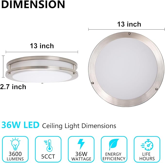 13inch LED Flush Mount Ceiling Light Fixture Dimmable Brushed Nickel, Easy Install Ceiling Lamp Fixture Without Flicker, Super Bright 36W 3600LM 5CCT Warm to White Light 3000K to 6000K 4-Pack