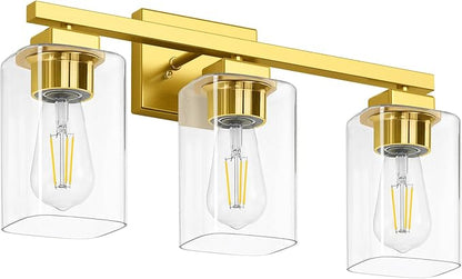 19” Bathroom Light Fixtures Over Mirror, 3-Light Gold Vanity Light | Square Clear Glass & Durable Metal, Quick & Easy Installation, Standard E26 Socket, Bright Bathroom Lighting