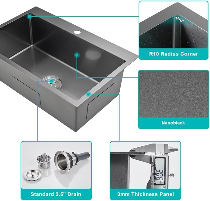 28x18 Inch Drop in Kitchen Sink Single Hole 304 Stainless Steel | Topmount Single Bowl Sink with Black Finish, Large Basin for Family Kitchen, Bar and Prep Area