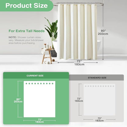 Long Waffle Shower Curtain 256 GSM Heavy Fabric 72x80 Cream/Ivory | 80 Inch Long, Thick Cloth, Weighted Hem, Water Repellent, Hotel Luxury Polyester Shower Curtain Set for Bathroom 12 Hooks