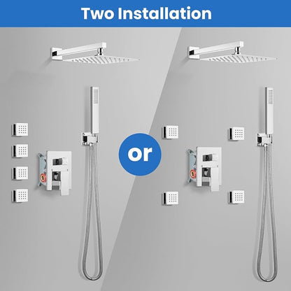 gotonovo Rainfall Shower System with Full Body Jets 4pcs Polished Chrome | 12’’ Rainfall Shower Head with Handheld Spray Combo,Wall Mount,Rough-in Valve and Trim Kit,Brass Body Message Jets,All Metal