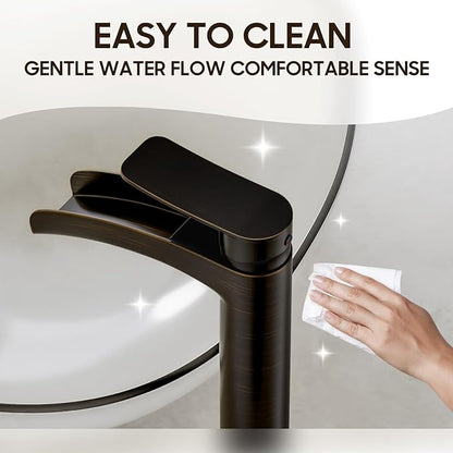 Phiestina Tall Bathroom Vessel Sink Faucet, Single Hole Single Handle Waterfall Oil Rubbed Bronze Above Countertop Sink Bathroom Faucet, with Metal Pop Up Drain and Water Supply Lines, NS-SF01-ORB-V