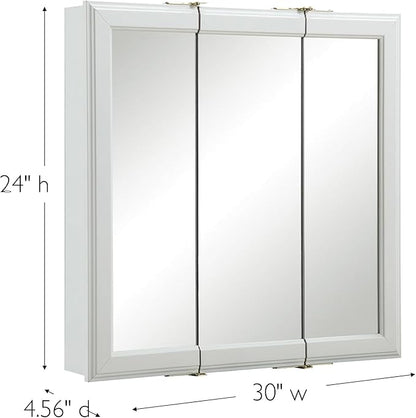 Design House Wyndham, 30 in W x 4.5 in D x 24 in H Bathroom Medicine Cabinet, Wall Mounted, 3 Mirror Doors, White, 535864-WHT