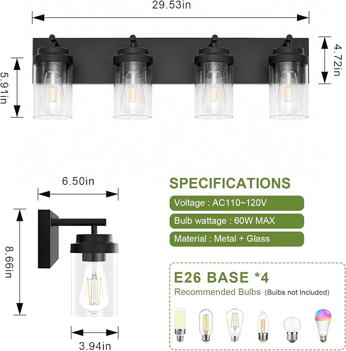 4-Light Bathroom Light Fixtures, Bathroom Vanity Wall Light | Modern Bathroom Lighting Fixtures Over Mirror, Vanity Lights for Bathroom, Mirror, Restroom, Bedroom, E26