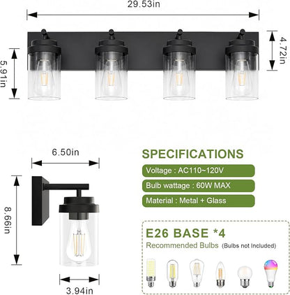 4-Light Bathroom Light Fixtures, Bathroom Vanity Wall Light | Modern Bathroom Lighting Fixtures Over Mirror, Vanity Lights for Bathroom, Mirror, Restroom, Bedroom, E26