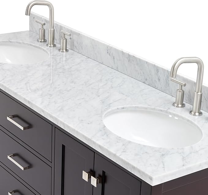 ARIEL Cambridge 66-inch Bathroom Vanity with Sink,Solid Wood, 0.75-inch Italian Carrara Marble Countertop, Double Oval Porcelain Sink, 4 Soft Closing Doors, 6 Dovetail Drawers, Espresso