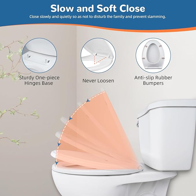 Universal Toilet Seat Elongated with Soft Close Cover, Oval Toilet Seat Replacement with Toilet Bolts Hinge and Bumpers, Compatible with Kohler, American Standard, TOTO, One-click Release, White