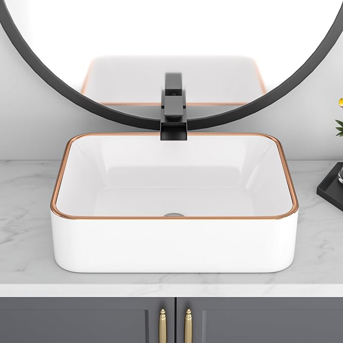 Bathroom Vessel Sink 19'' x 15'' White Rectangular Ceramic Sink with Gold Rim Above Counter Vanity Sink for Modern Bathroom
