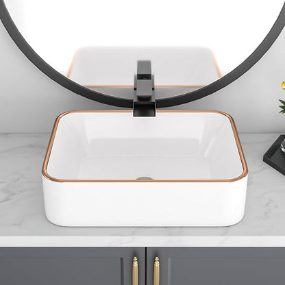 Bathroom Vessel Sink 19'' x 15'' White Rectangular Ceramic Sink with Gold Rim Above Counter Vanity Sink for Modern Bathroom