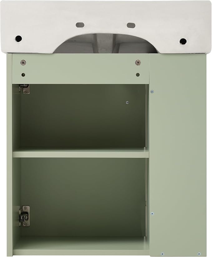 Merax 20" Green Bathroom Vanity, Wall Mounted Floating Vanity with Doors & Open Shelf, Bathroom Storage Cabinet with White Ceramic Integrated Sink