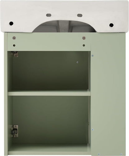 Merax 20" Green Bathroom Vanity, Wall Mounted Floating Vanity with Doors & Open Shelf, Bathroom Storage Cabinet with White Ceramic Integrated Sink