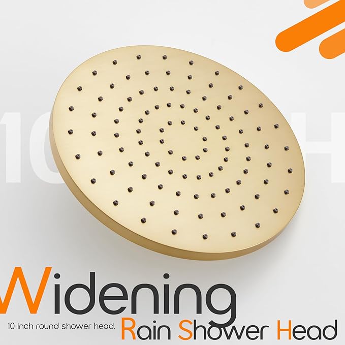Rainhead Waterfall Shower Head 10-Inch Large Bathroom Overhead Fixed Showerhead High Pressure 2.5 GPM with Adjustable Angle, Gold SH001GD-D10
