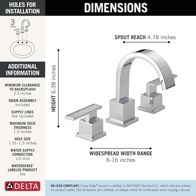 Delta Vero Chrome Bathroom Faucet 3 Hole, 8 Inch Widespread Bathroom Sink Faucet for Vanity, Metal Push-Pop Drain Assembly, Chrome 3553LF