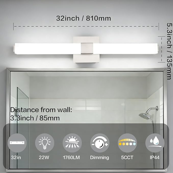 32 Inch Brushed Nickel 5CCT LED Vanity Light - Selectable Color Temperature Modern Bathroom Vanity Light Fixtures IP44