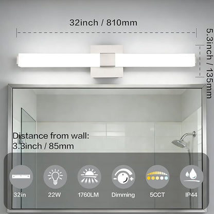 32 Inch Brushed Nickel 5CCT LED Vanity Light - Selectable Color Temperature Modern Bathroom Vanity Light Fixtures IP44