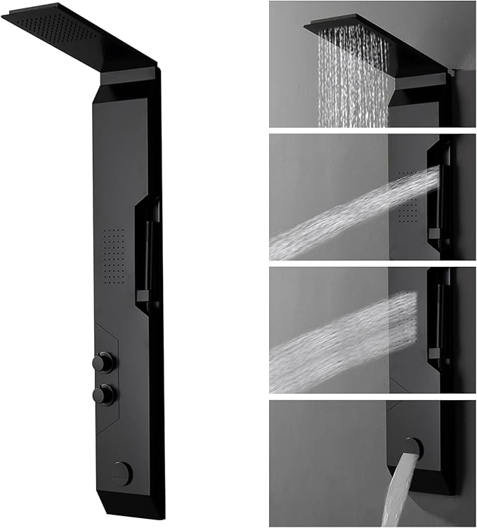 Homevacious 4 IN 1 Stainless Steel Multi-Function Shower Panel Tower System Rainfall Shower Head Massage Body Jets Handheld Shower and Bath Tub Spout Wall Mounted Bathroom Shower Panel Matte Black
